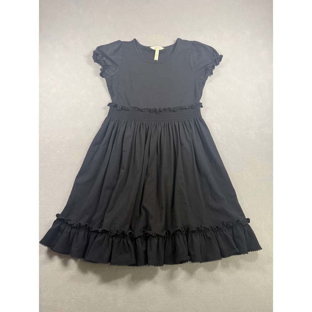 Matilda Jane Girls Black Smocked Ruffle Knit Dress Size 14 Short Sleeve Puff